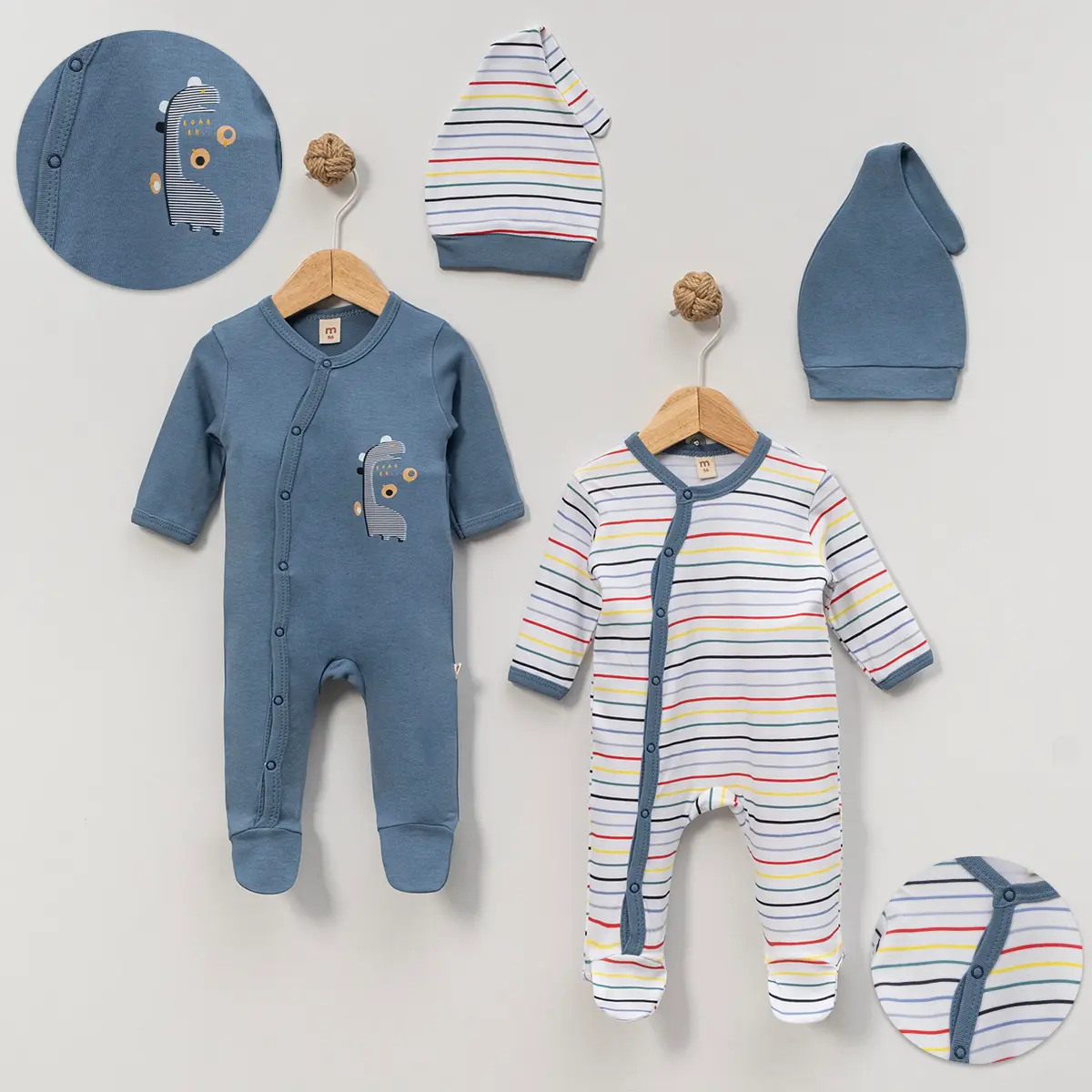 Dinozor Çizgili Erkek Bebek 2li Tulum (4 Parça)