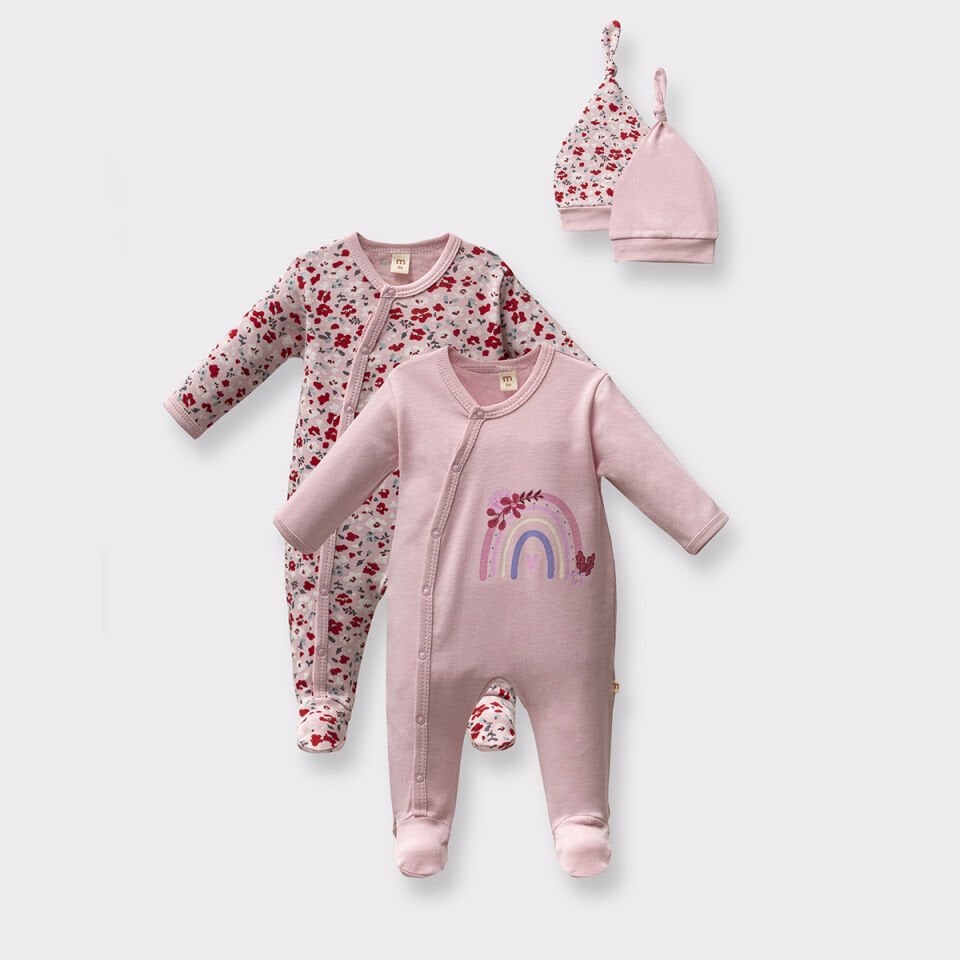 Çiçek Desenli Kız Bebek 2li Tulum Pembe (4 Parça)