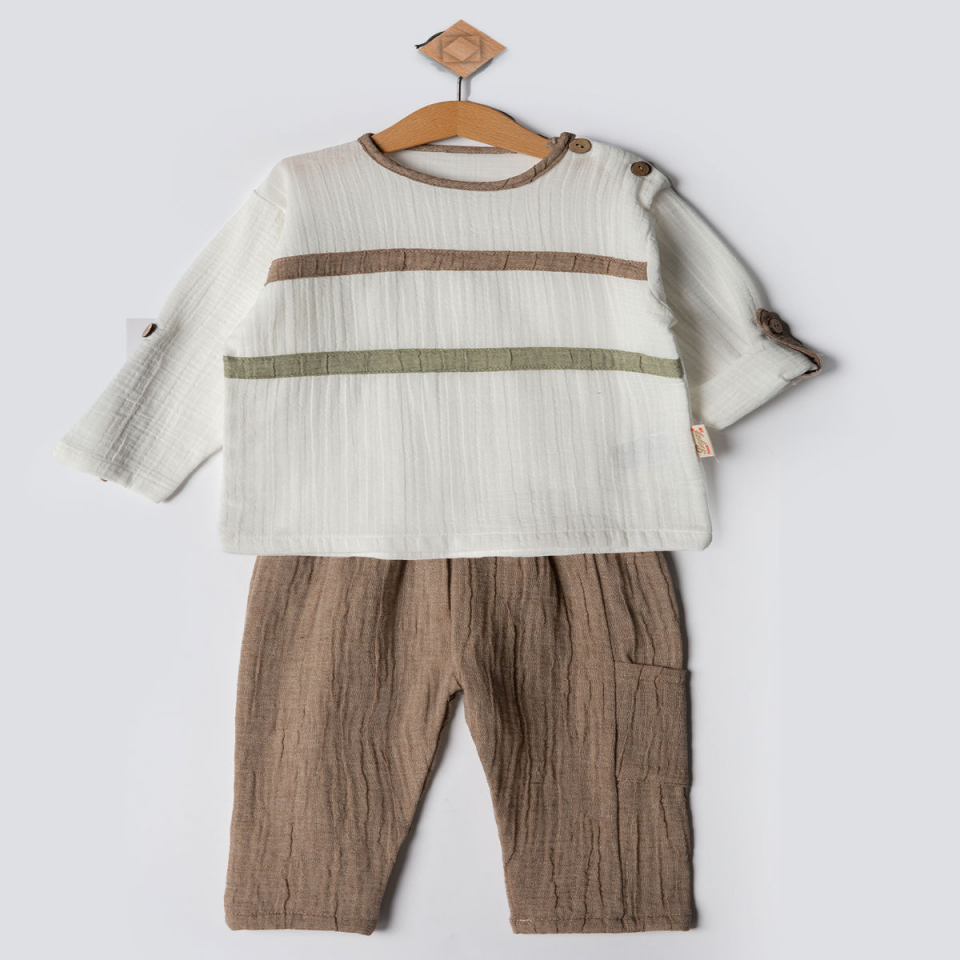 Şeritli Müslin Erkek Bebek Takım