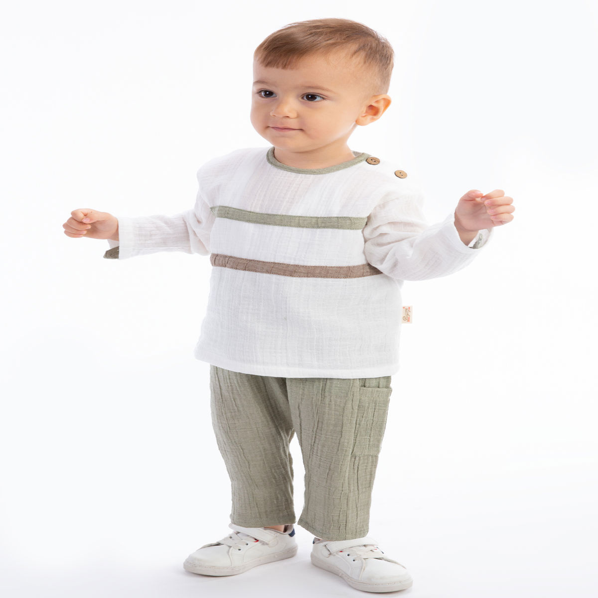 Şeritli Müslin Erkek Bebek Takım