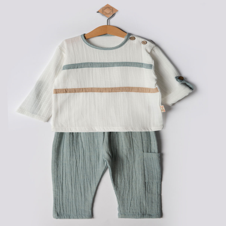 Şeritli Müslin Erkek Bebek Takım