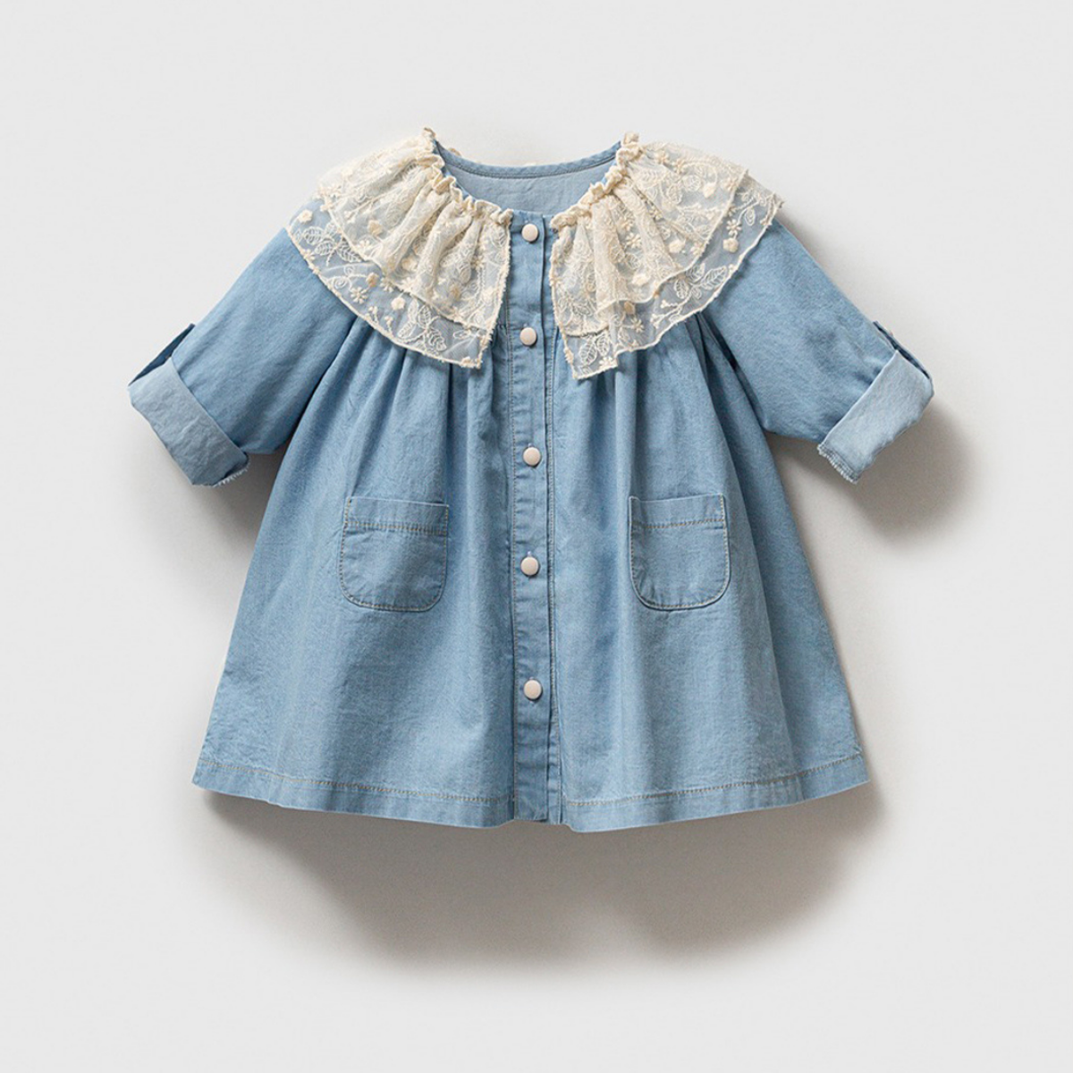 Dantel Yaka Kız Bebek Denim Kot Elbise