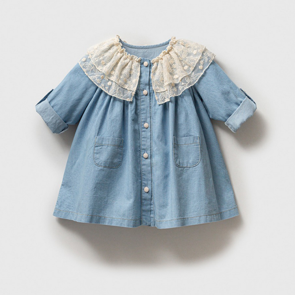 Dantel Yaka Kız Bebek Denim Kot Elbise