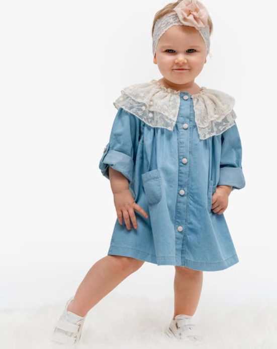 Dantel Yaka Kız Bebek Denim Kot Elbise