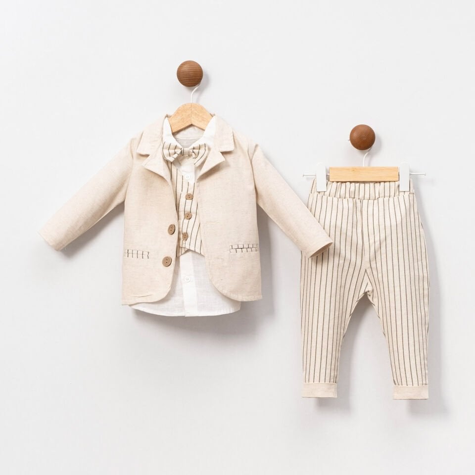 Naturel Çizgili Özel Gün Erkek Bebek Keten Takım