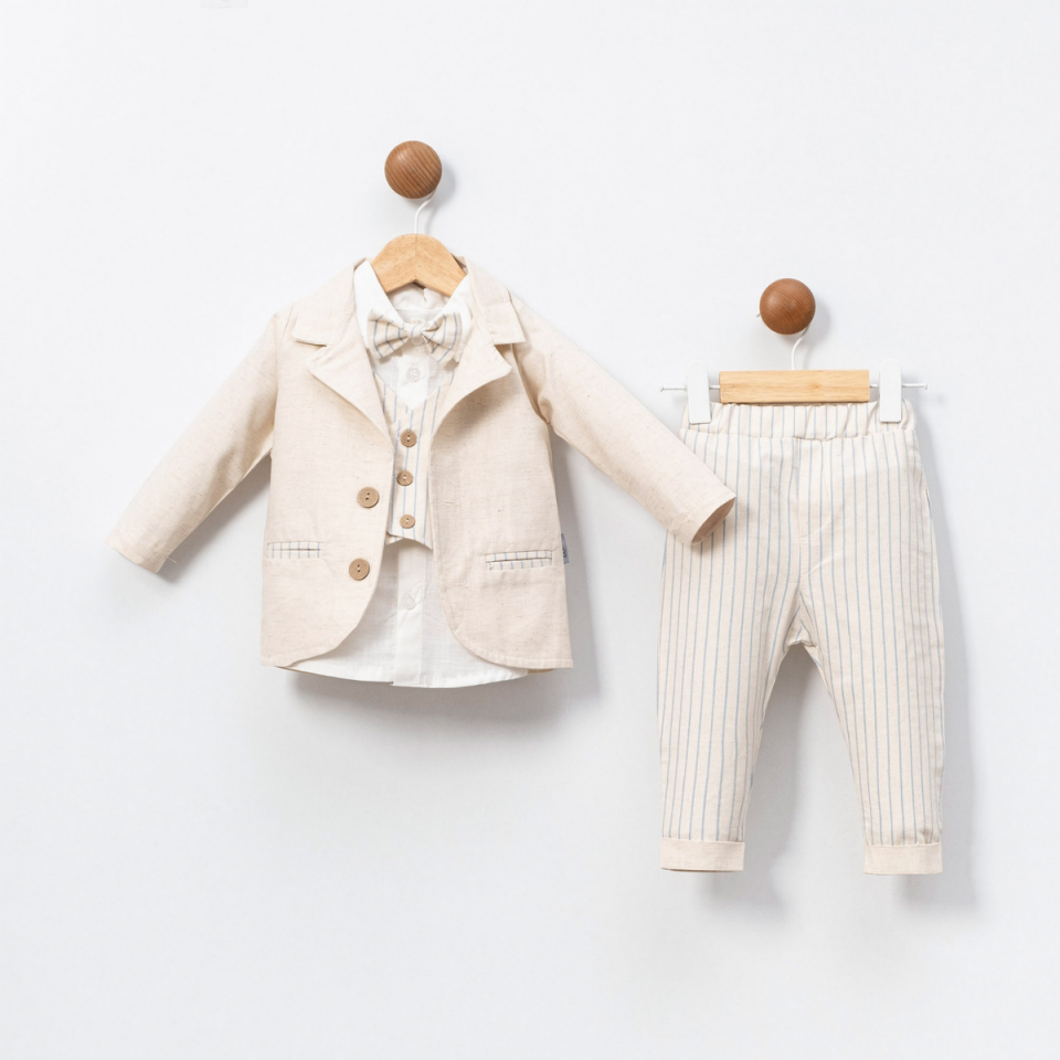 Naturel Çizgili Özel Gün Erkek Bebek Keten Takım