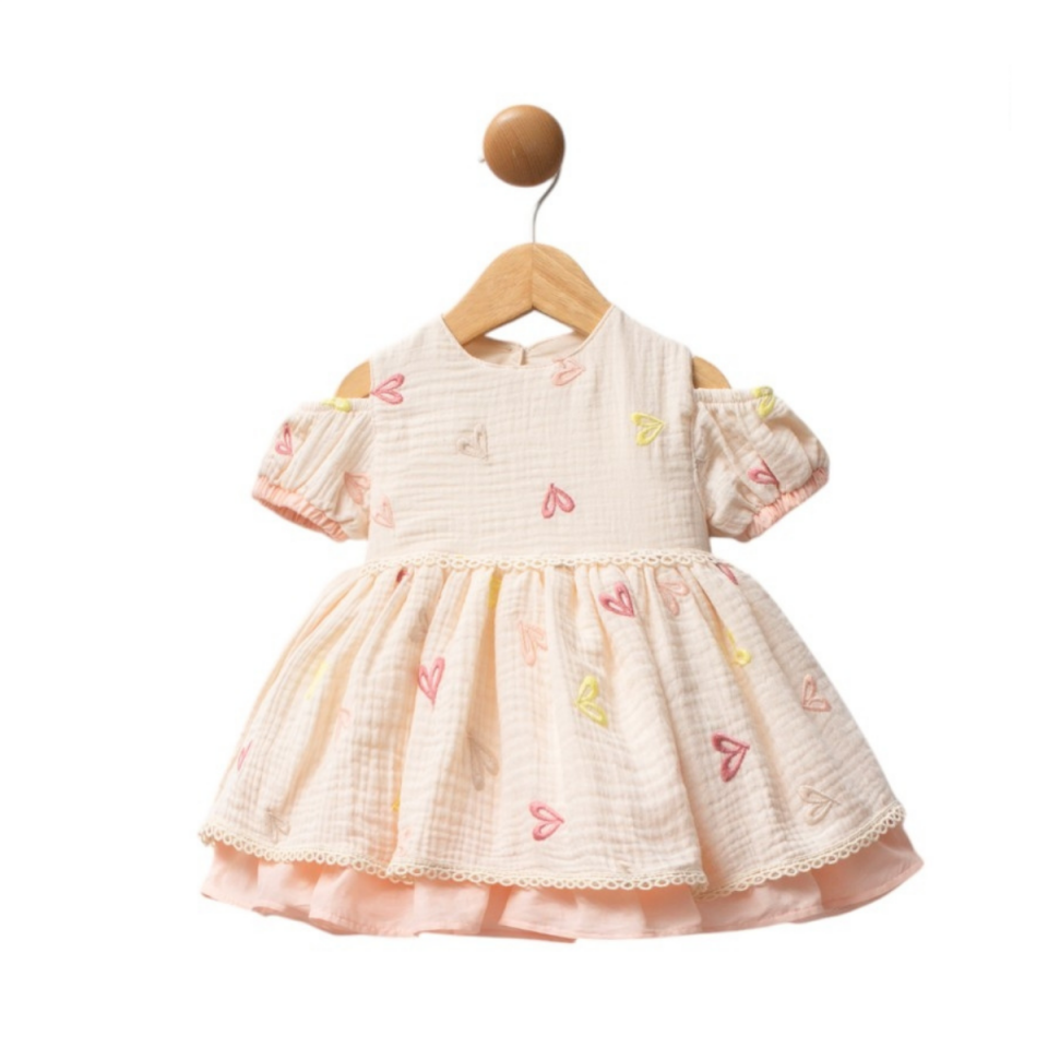 Premium Kalp Nakışlı Müslin Kız Bebek Elbise