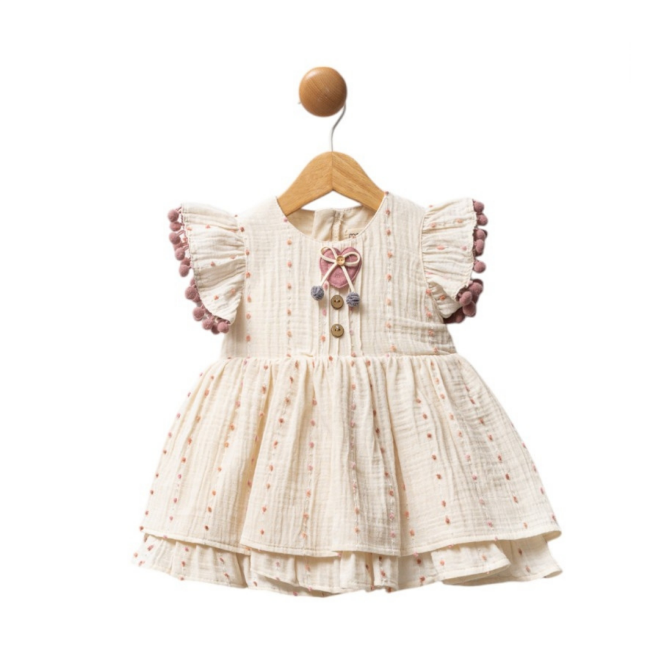 Premium Ponpon Detay Müslin Kız Bebek Elbise