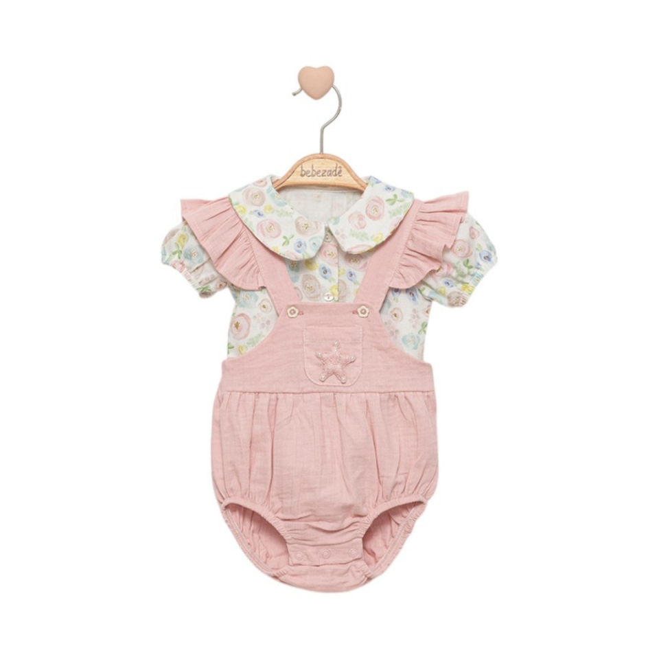 Çiçek Baskılı Bebe Yakalı Kız Bebek Tulum Set