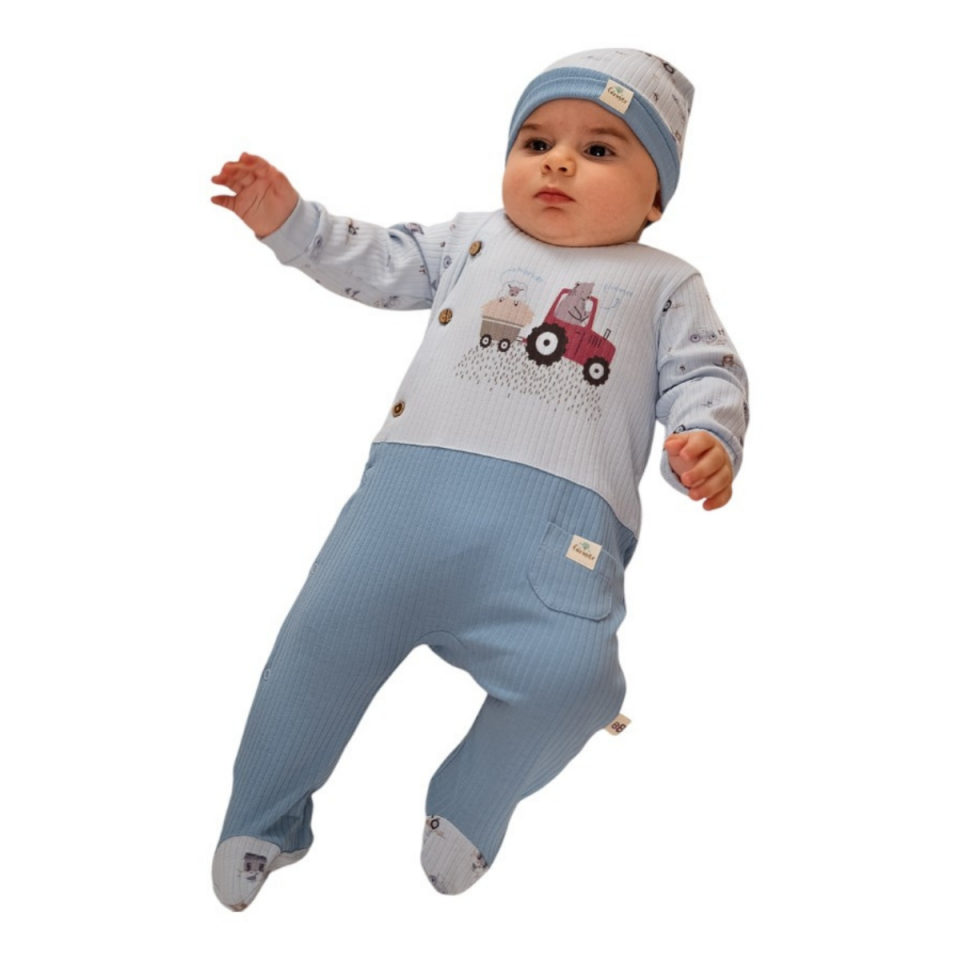 Farmer Yandan Açmalı Erkek Bebek Tulum Şapka