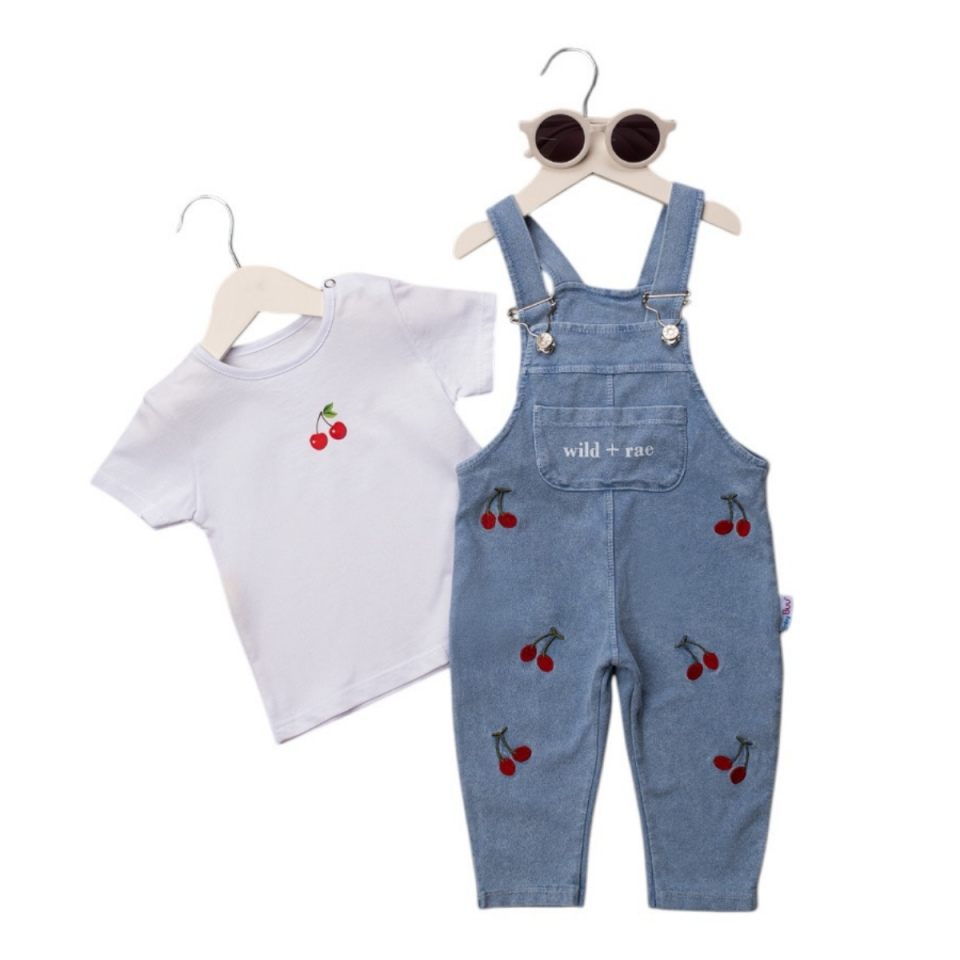 Kiraz Salopet Kot Kız Bebek 2'li Tulum Set