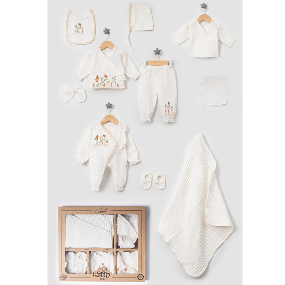 Çiçek Nakışlı Müslin Kız Bebek Hastane Çıkışı 10'lu Set