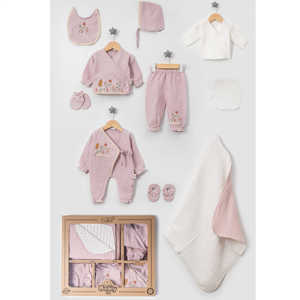 Çiçek Nakışlı Müslin Kız Bebek Hastane Çıkışı 10'lu Set