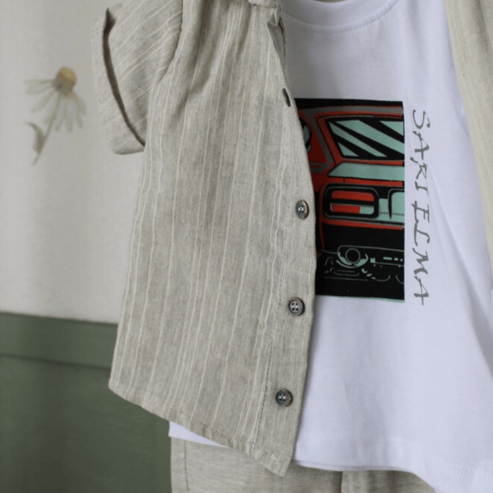 Gömlek Tişört Pantolon 3'lü Çizgili Erkek Çocuk Takım