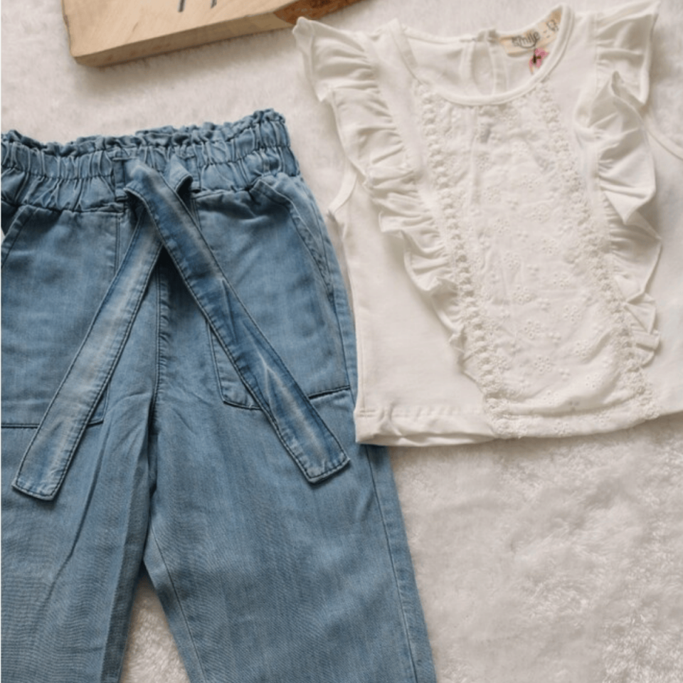 İnce Kot Pantolon Likralı Tişört 2'li Kız Bebek Çocuk Takım