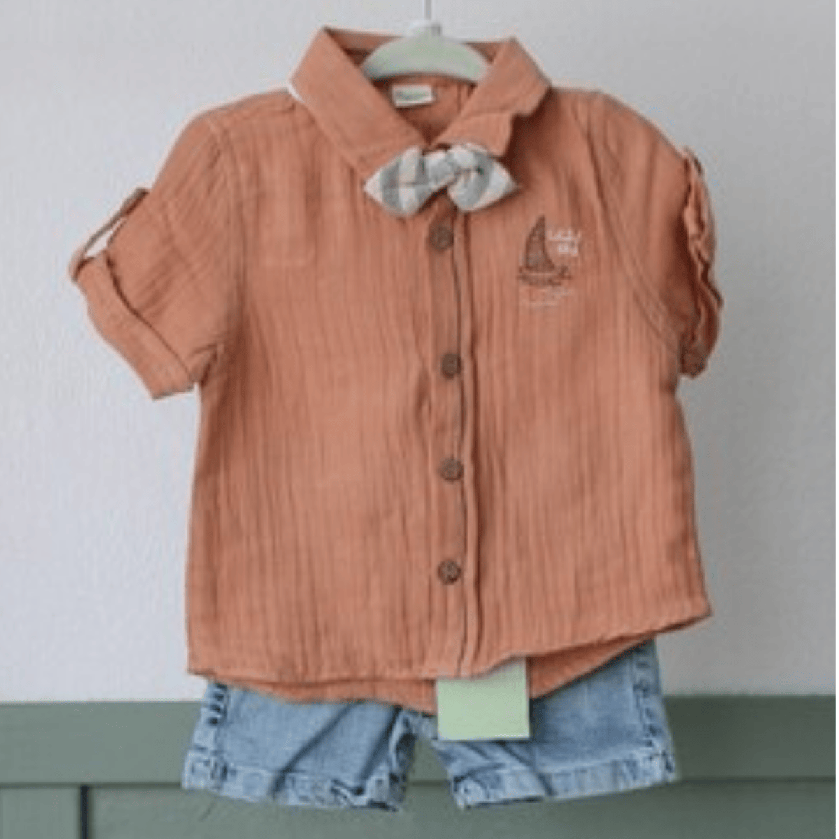 Yelken Nakışlı Müslin Gömlekli Kot Şortlu Erkek Bebek 2'li Takım