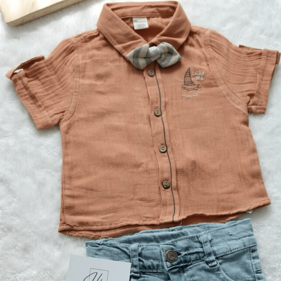 Yelken Nakışlı Müslin Gömlekli Kot Şortlu Erkek Bebek 2'li Takım