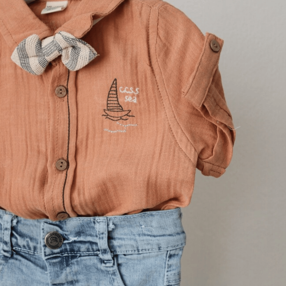 Yelken Nakışlı Müslin Gömlekli Kot Şortlu Erkek Bebek 2'li Takım