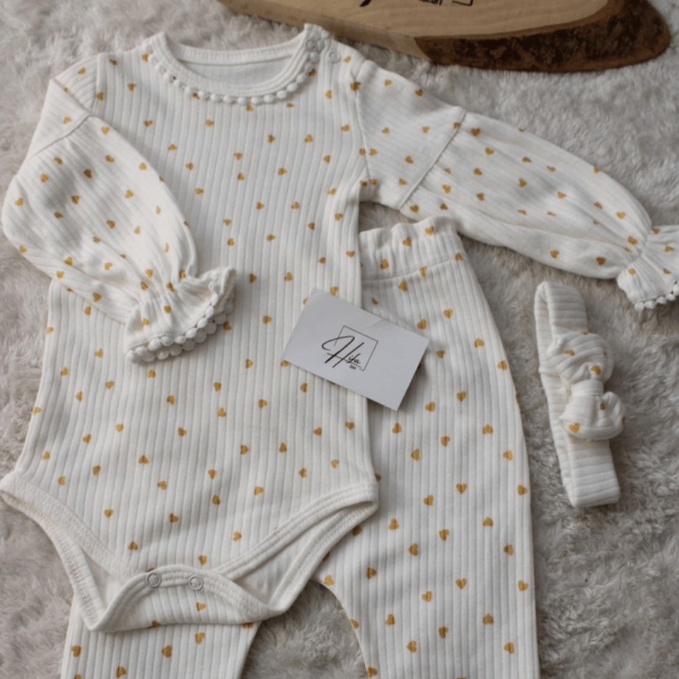 Yaldız Baskılı Bandanalı Fitilli Kumaş 3'lü Kız Bebek Takım