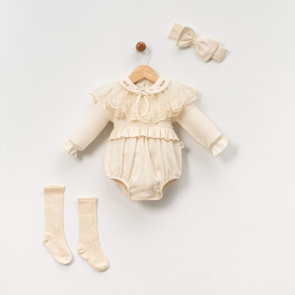 Kız bebek Mira Dantelli Bandanalı  Romper Çorap Hediyeli