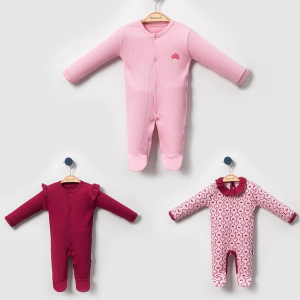 3'lü Fitilli Kumaş Kız Bebek Tulum Set
