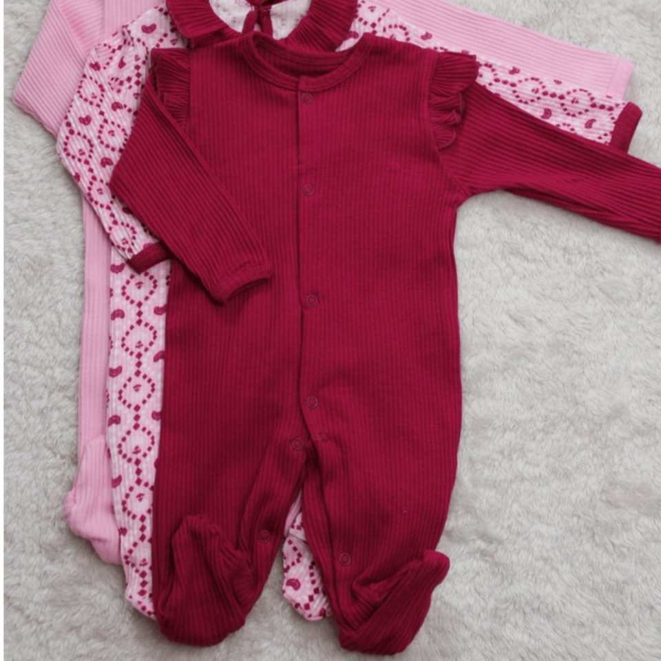 3'lü Fitilli Kumaş Kız Bebek Tulum Set