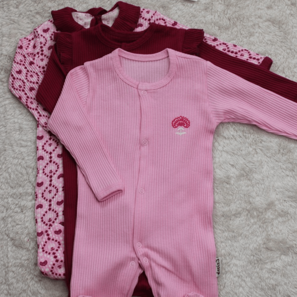 3'lü Fitilli Kumaş Kız Bebek Tulum Set