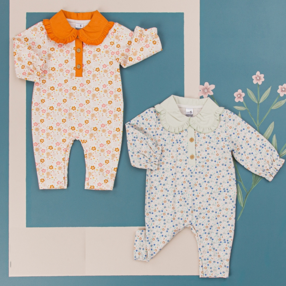 Bebe Yaka Çiçek Detay Pamuklu Kız Bebek Tulum