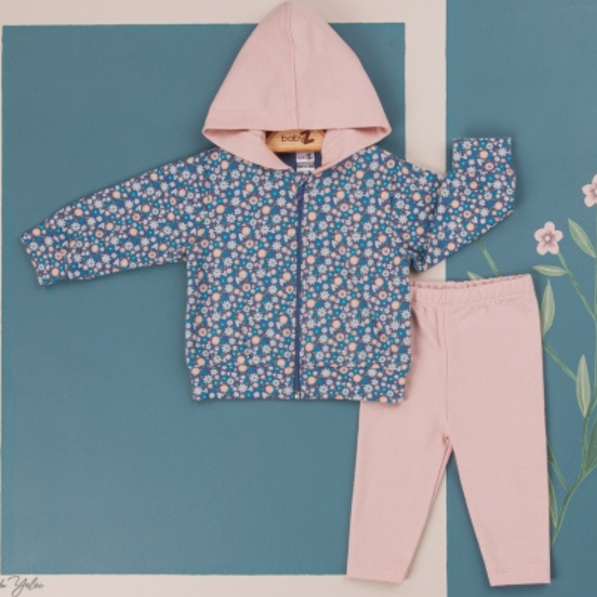 Çiçek Desenli Fermuarlı Kız Bebek Alt Üst 2'li Takım