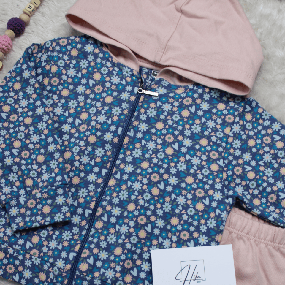 Çiçek Desenli Fermuarlı Kız Bebek Alt Üst 2'li Takım