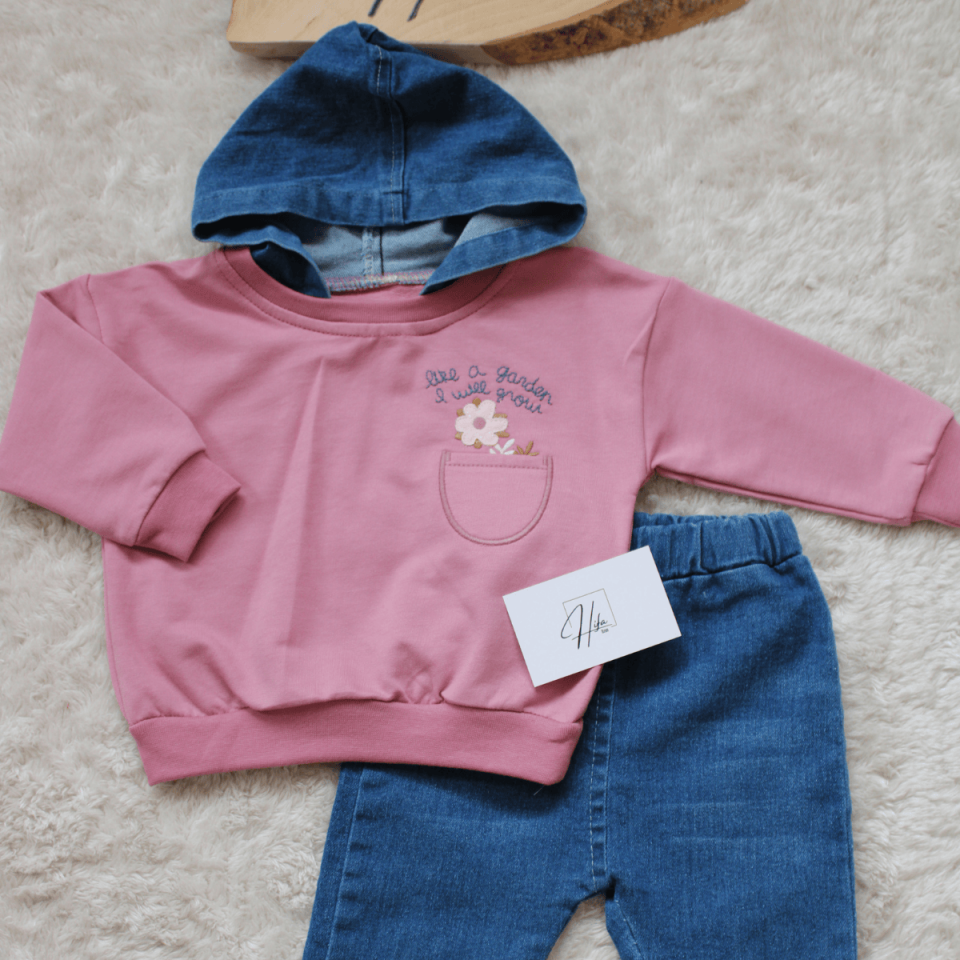 Kapüşonlu Kot Pantolon Kız Bebek Çocuk 2'li Alt Üst Takım