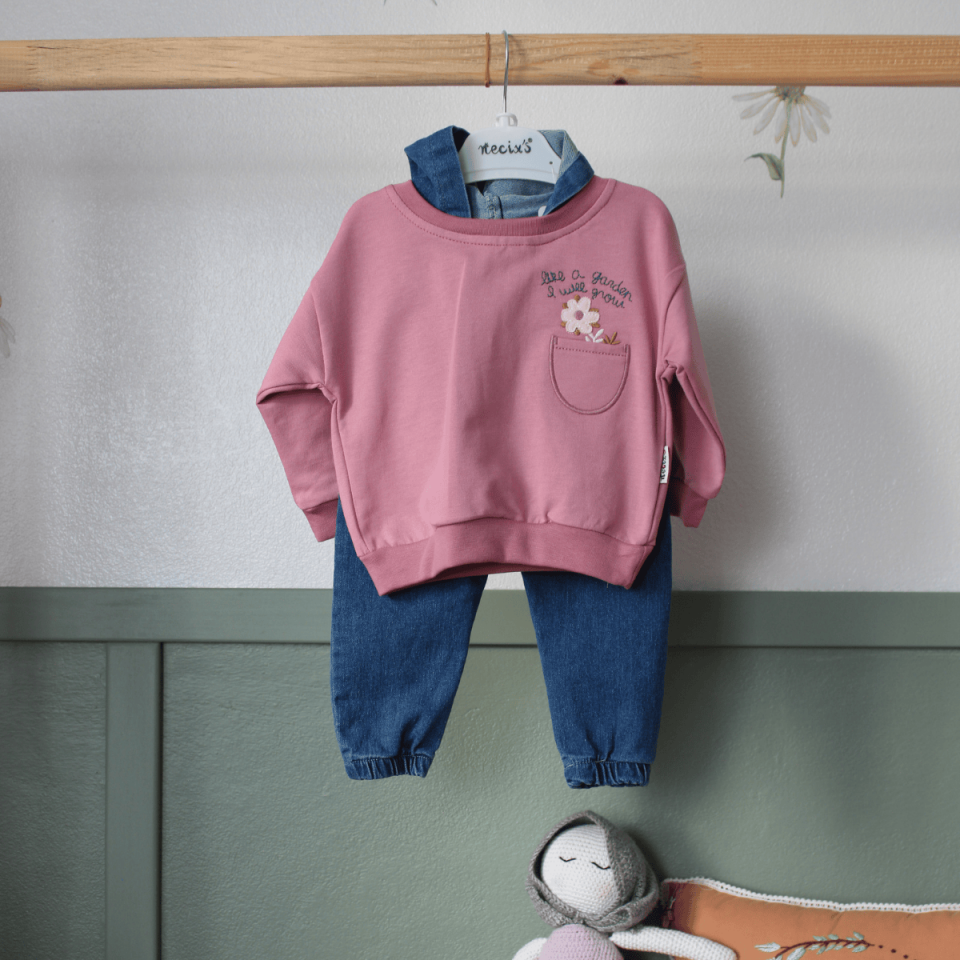 Kapüşonlu Kot Pantolon Kız Bebek Çocuk 2'li Alt Üst Takım