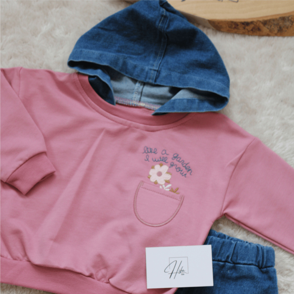 Kapüşonlu Kot Pantolon Kız Bebek Çocuk 2'li Alt Üst Takım