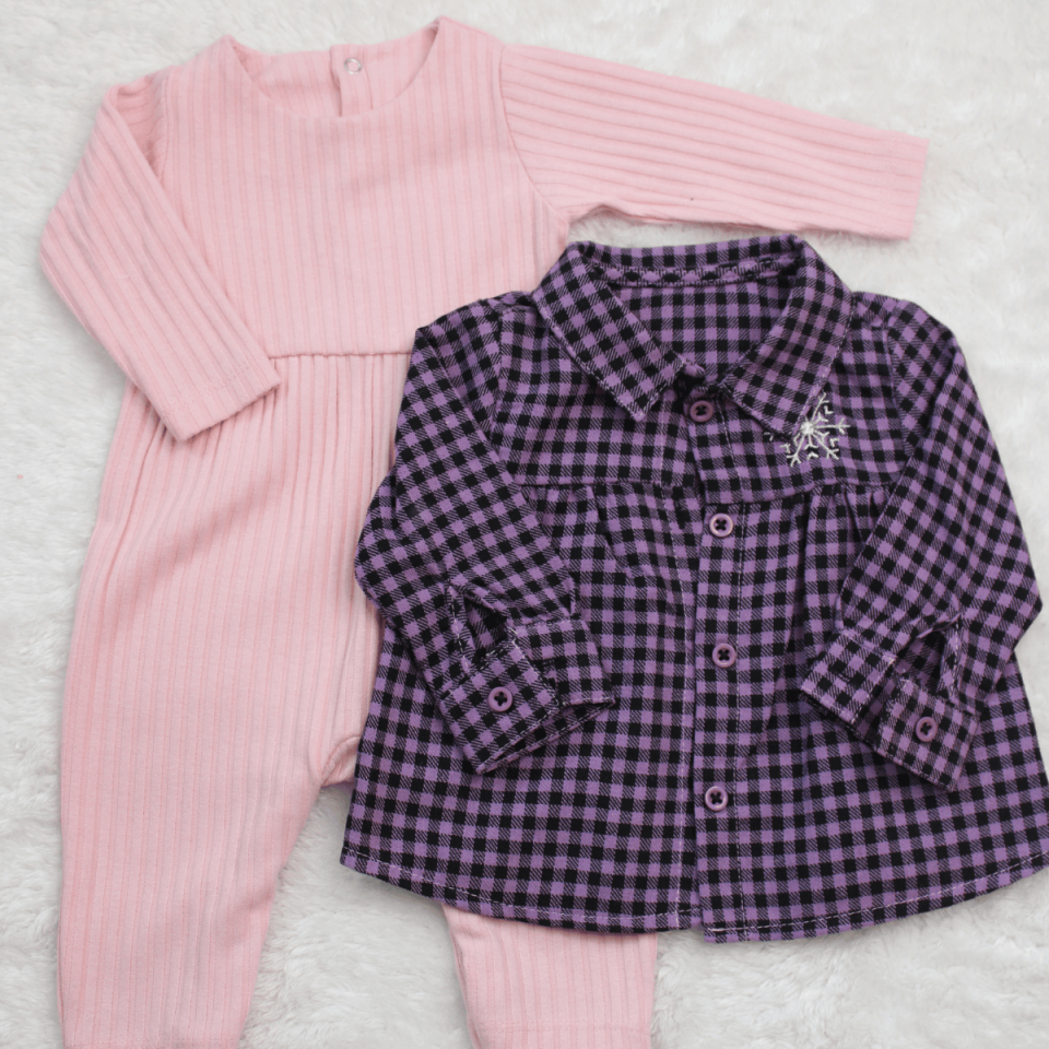 Mor Gömlekli Kız Bebek Tulum Set