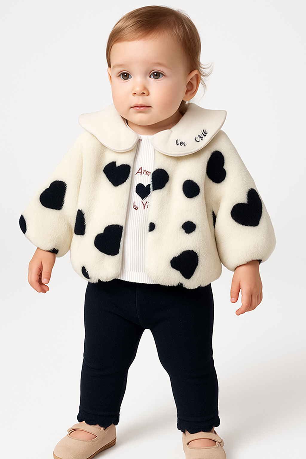 Kız Bebek Kalpli Peluş Ceketli  3'lü Takım
