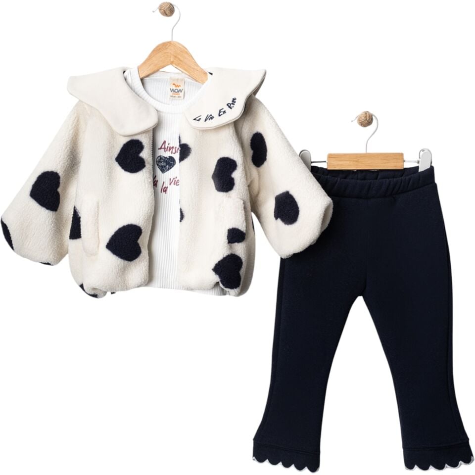 Kız Bebek Kalpli Peluş Ceketli  3'lü Takım