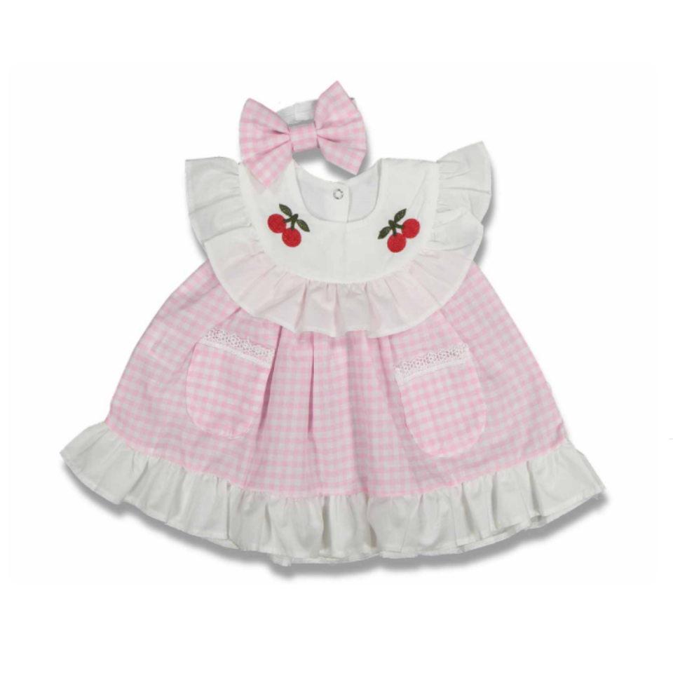 Ekose Kareli Bandanalı Kız Bebek Elbise