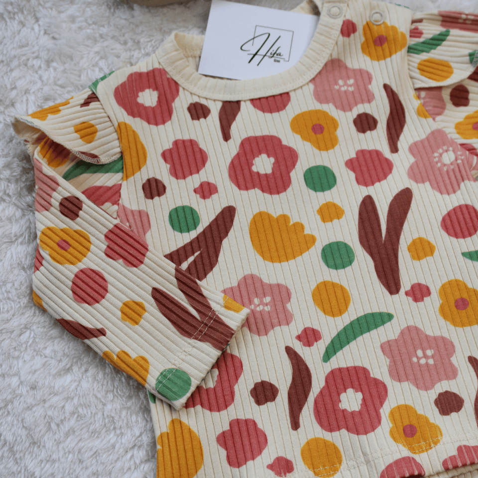 Melis Çiçek Baskılı Fitilli Kız Bebek 2'li Takım