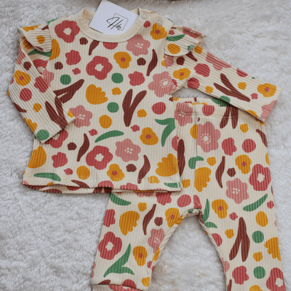 Melis Çiçek Baskılı Fitilli Kız Bebek 2'li Takım