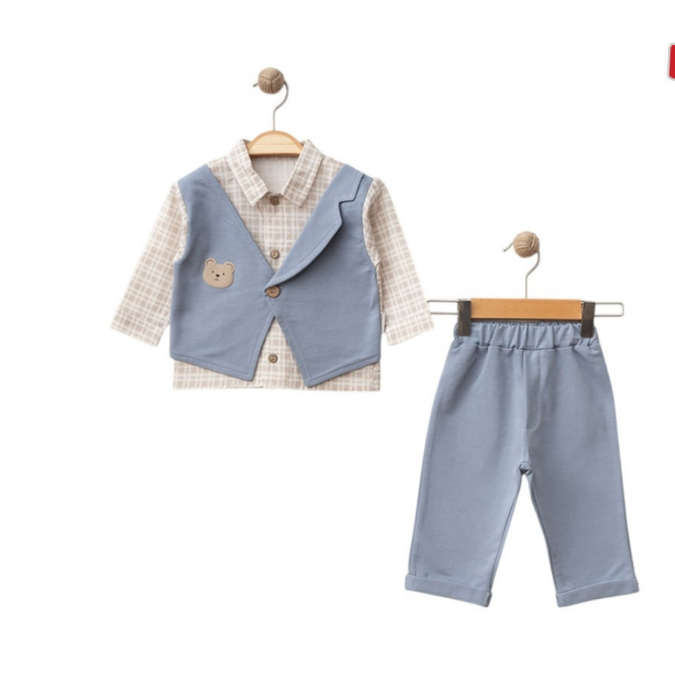 Erkek Bebek Yelekli Ekose Takım