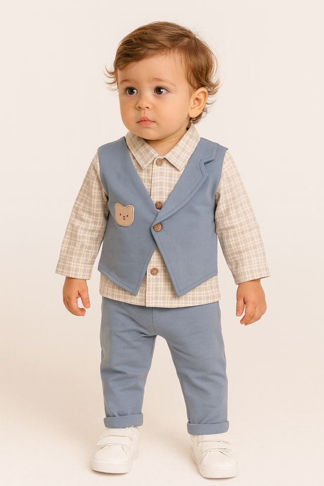 Erkek Bebek Yelekli Ekose Takım