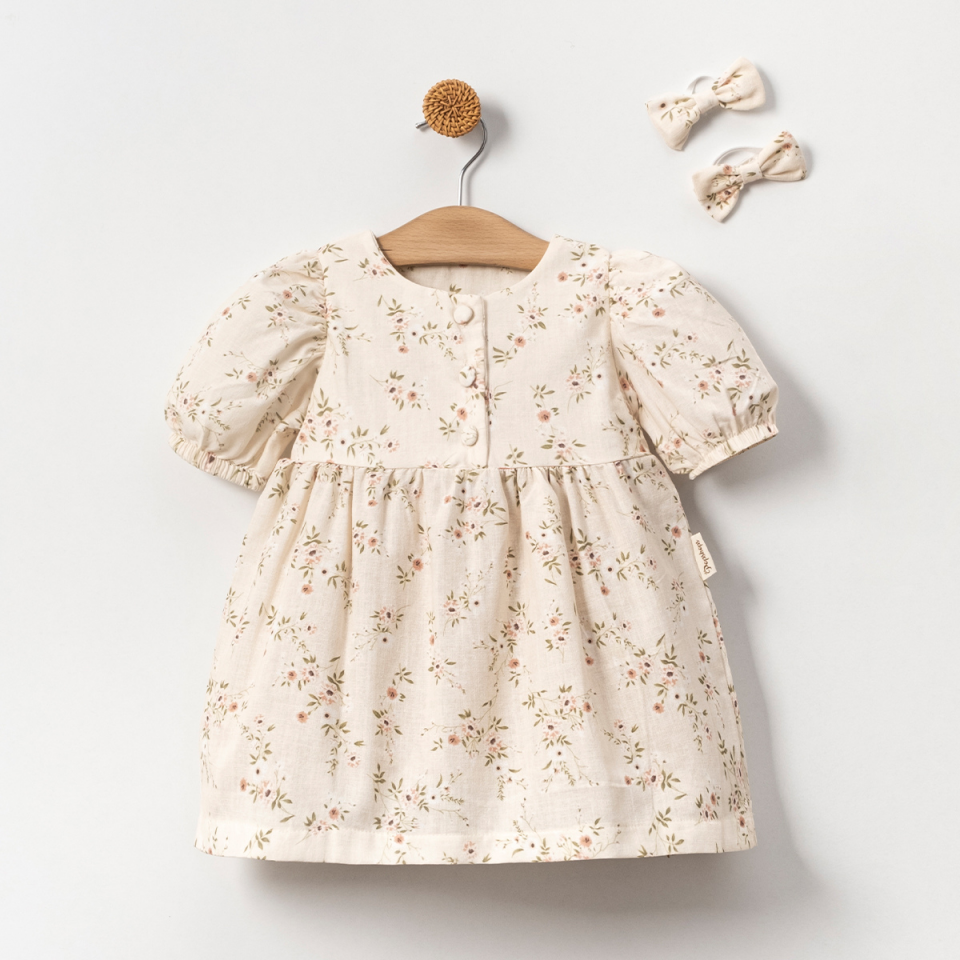 Flower Tokalı Keten Kız Bebek Elbise