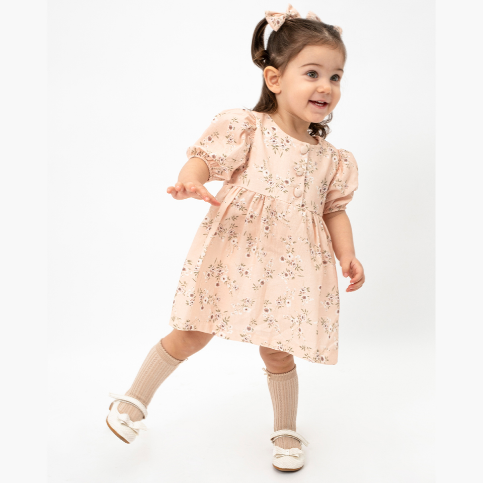 Flower Tokalı Keten Kız Bebek Elbise