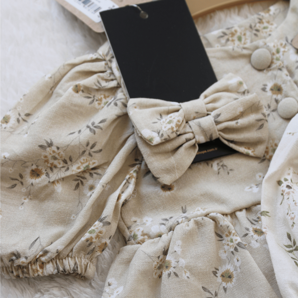 Flower Tokalı Keten Kız Bebek Elbise