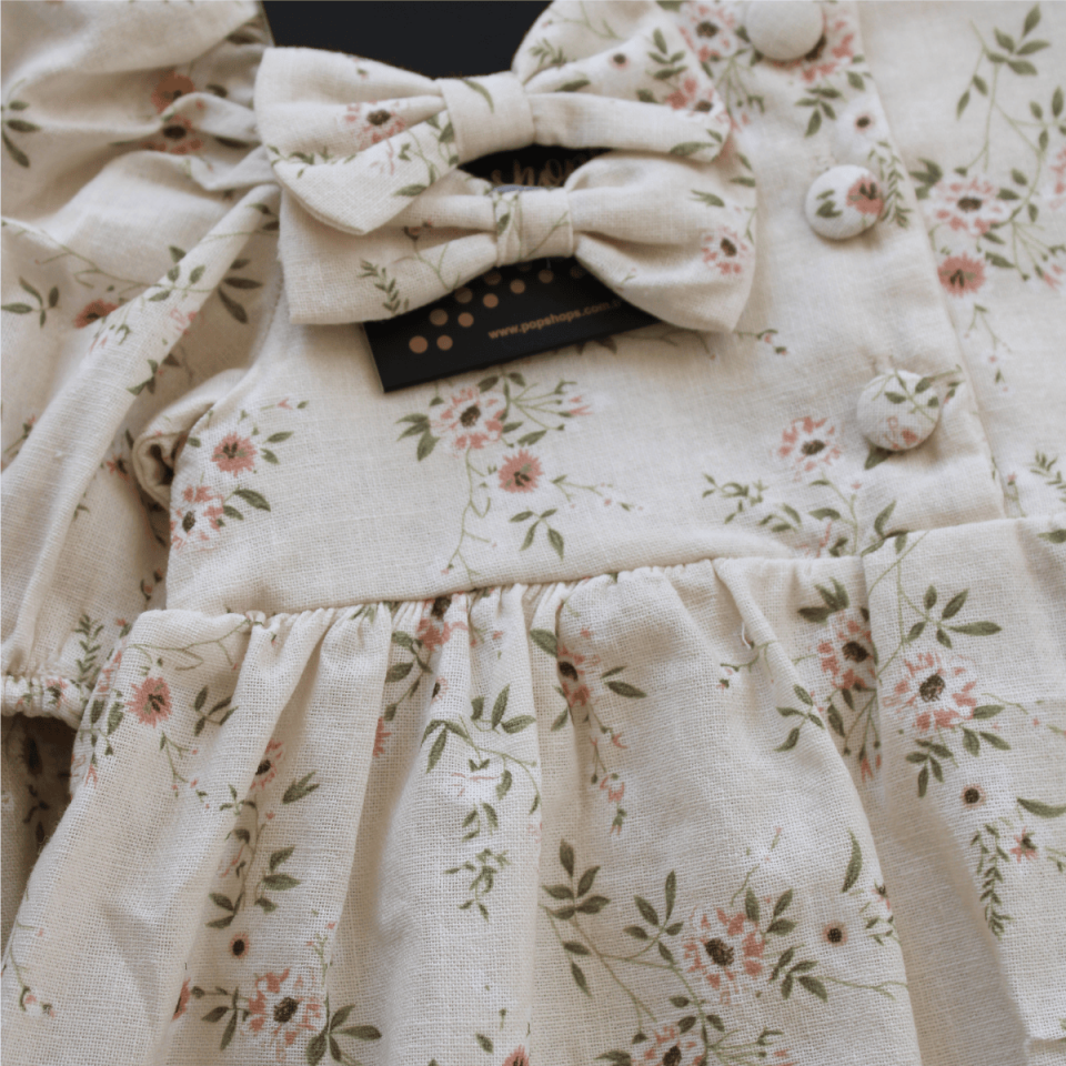 Flower Tokalı Keten Kız Bebek Elbise