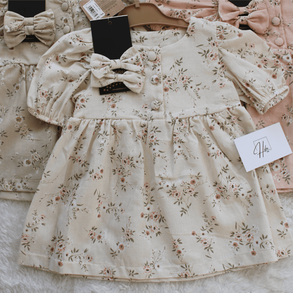 Flower Tokalı Keten Kız Bebek Elbise