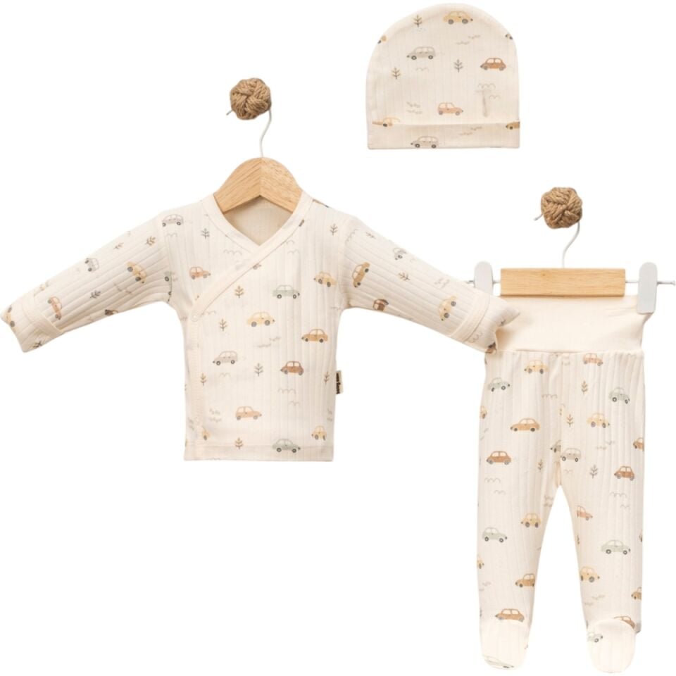 Erkek Bebek Arabalı Zıbın 3'lü Takım