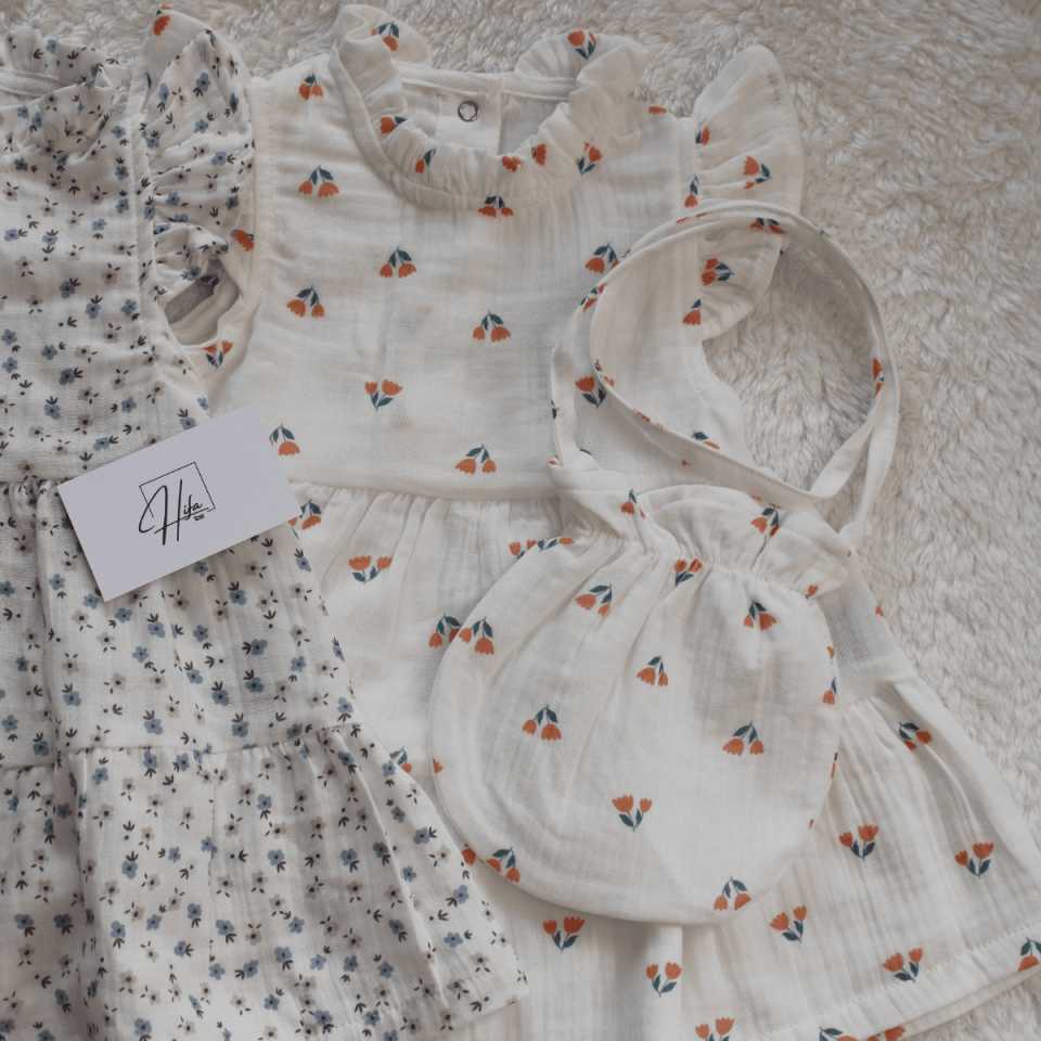 Fırfır Detaylı Müslin Çantalı Kız Bebek Çocuk Elbise