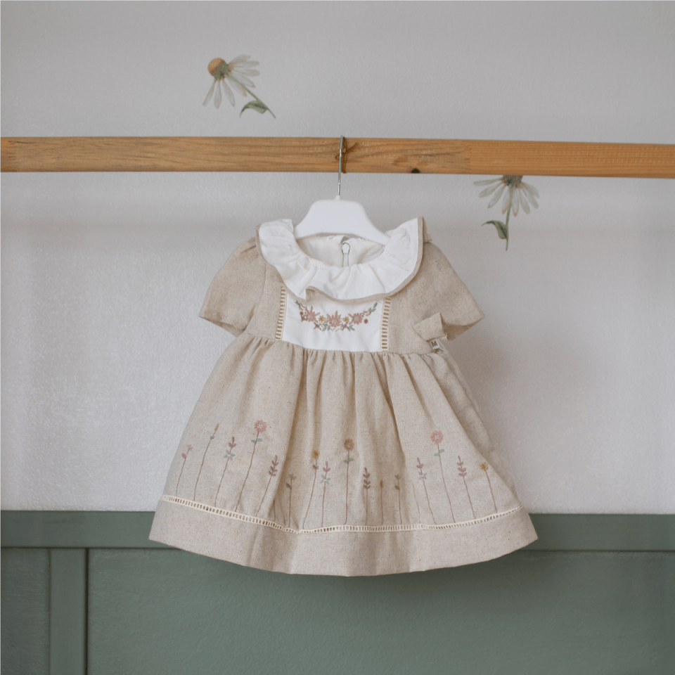 Çiçek Nakışlı Kısa Kol Keten Kız Bebek Elbise