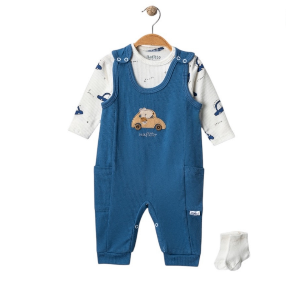 Erkek Bebek Arabalı Çorap Hediyeli Salopet Takım